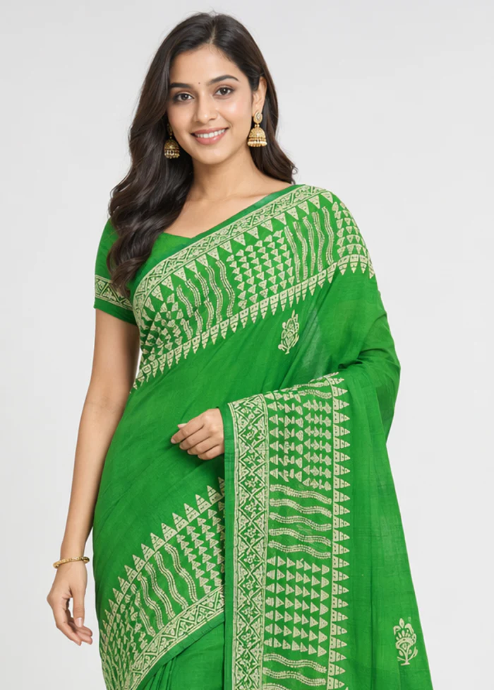 Green Printed Pure Silk Saree Without Blouse Piece - Image 2