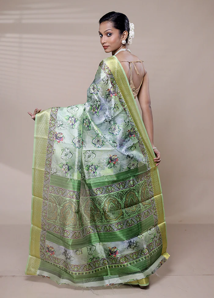 Green Printed Silk Saree Without Blouse Piece - Image 3