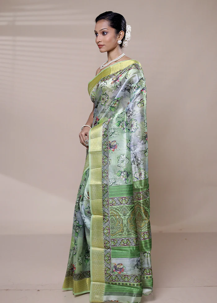 Green Printed Silk Saree Without Blouse Piece - Image 4