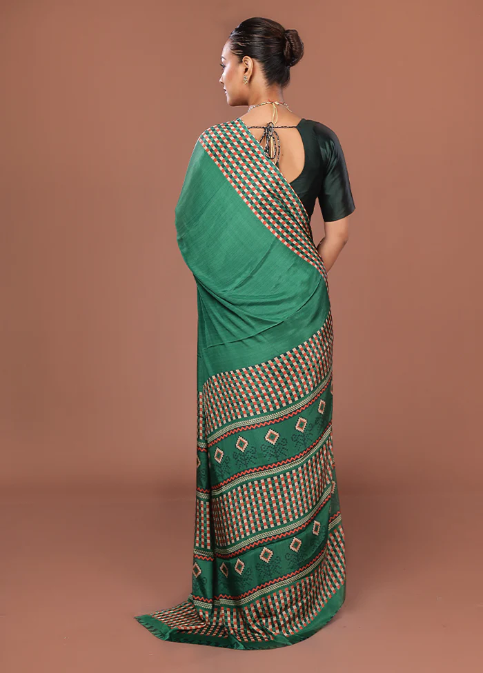 Green Printed Silk Saree Without Blouse Piece - Image 3