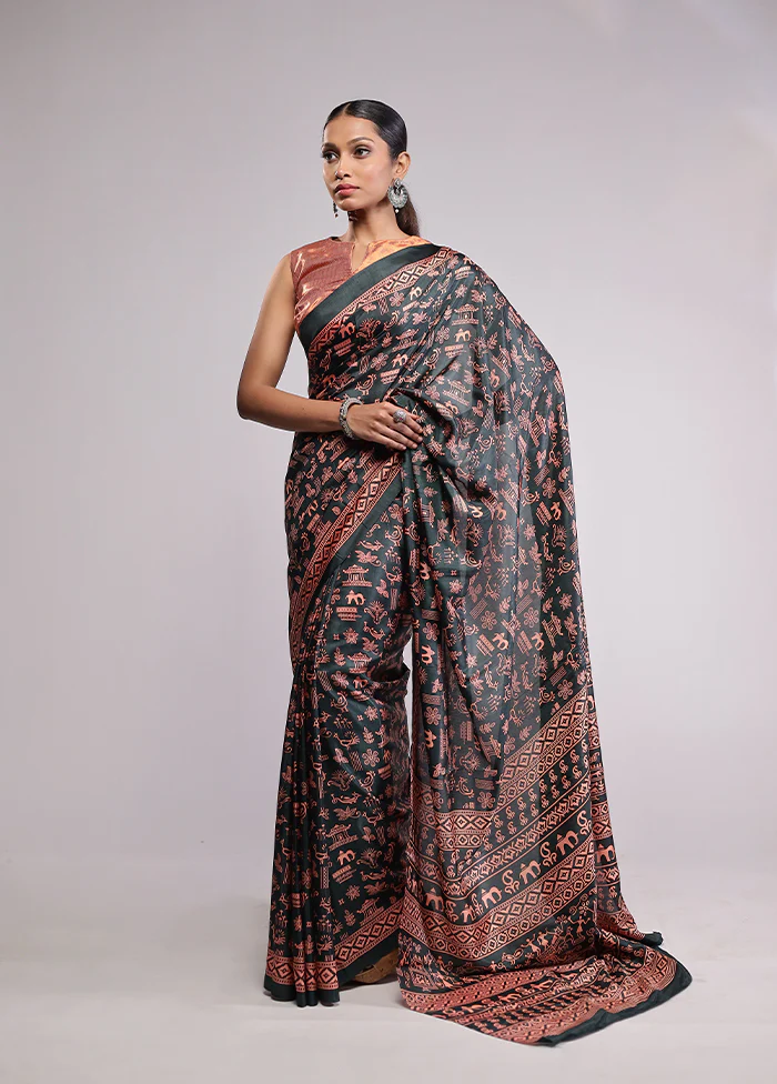 Green Printed Silk Saree Without Blouse Piece - Image 2