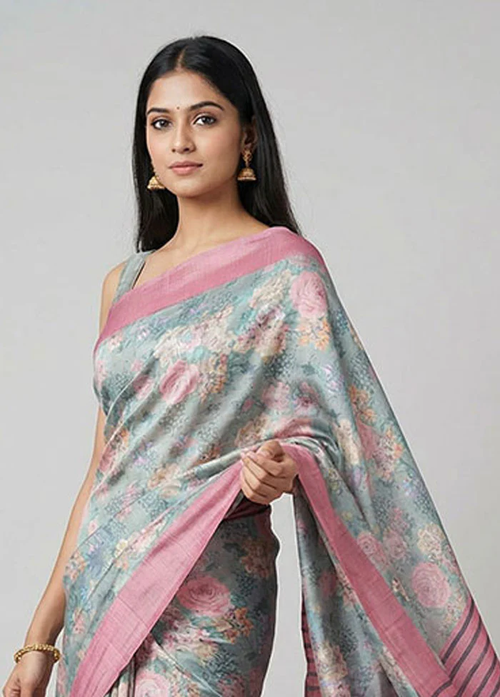 Green Printed Silk Saree Without Blouse Piece - Image 2