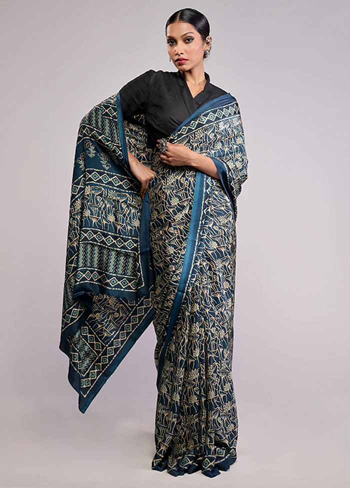 Blue Printed Silk Saree With Blouse Piece - Image 2