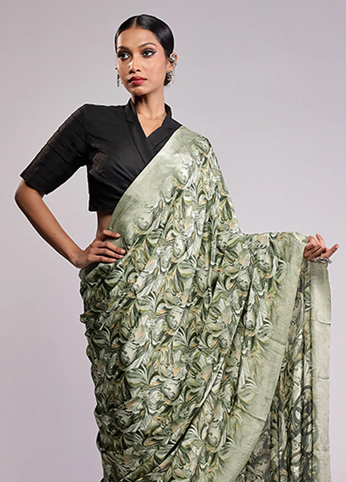 Green Printed Silk Saree With Blouse Piece