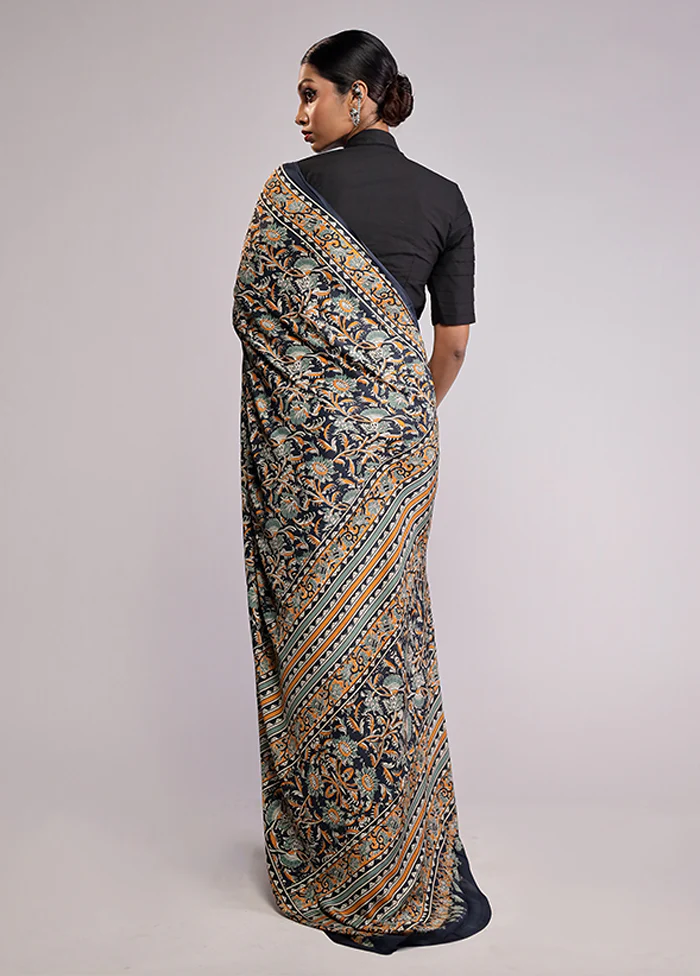 Blue Printed Silk Saree With Blouse Piece - Image 3