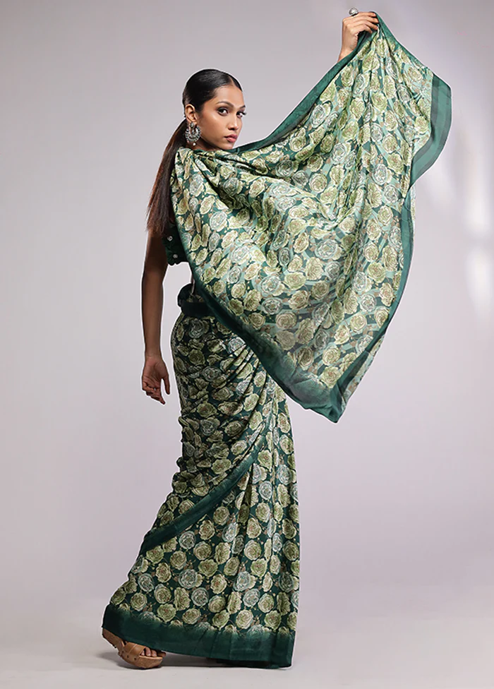 Green Printed Silk Saree Without Blouse Piece - Image 4