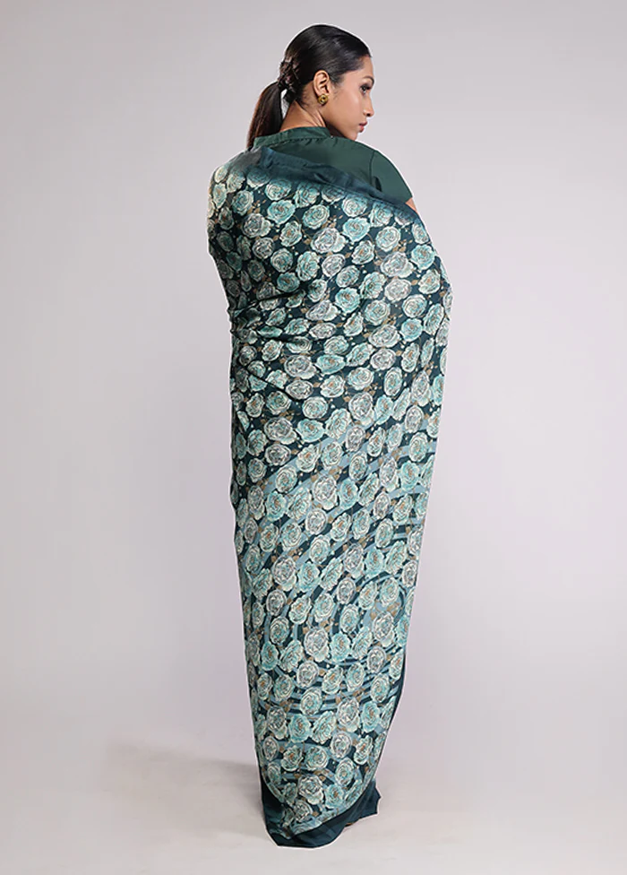 Green Printed Silk Saree Without Blouse Piece - Image 3