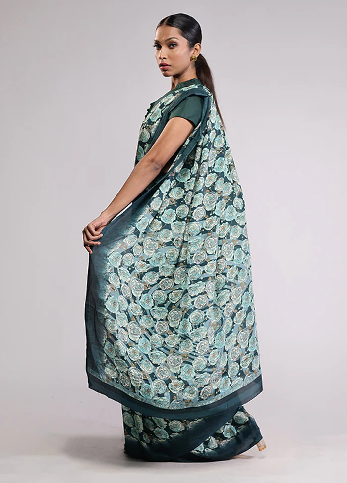 Green Printed Silk Saree Without Blouse Piece - Image 4