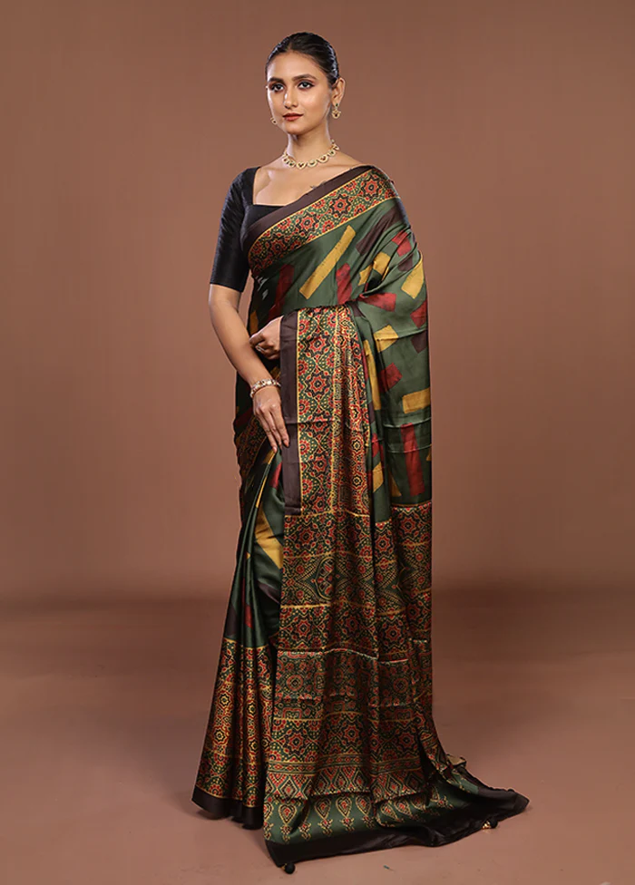 Green Printed Silk Saree Without Blouse Piece - Image 4