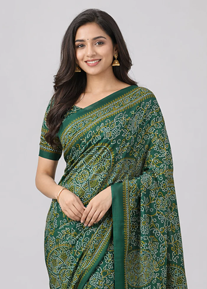 Green Printed Silk Saree Without Blouse Piece - Image 2