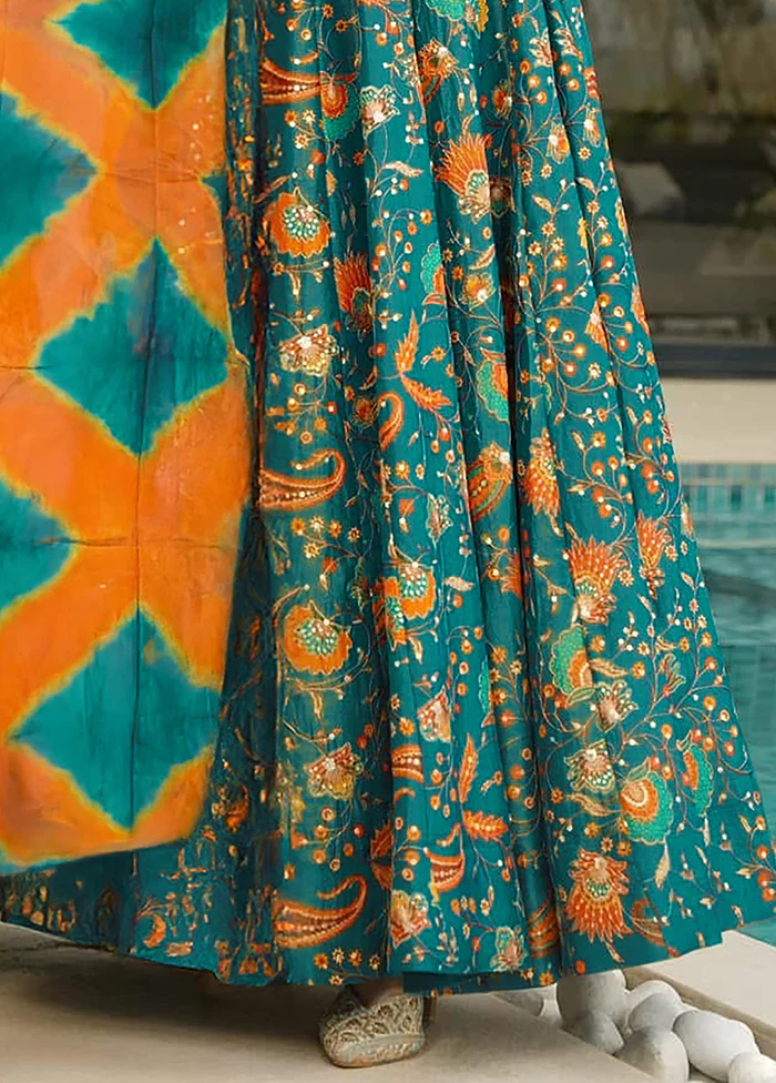 Green Printed Work Silk Gown With Dupatta Set - Image 3