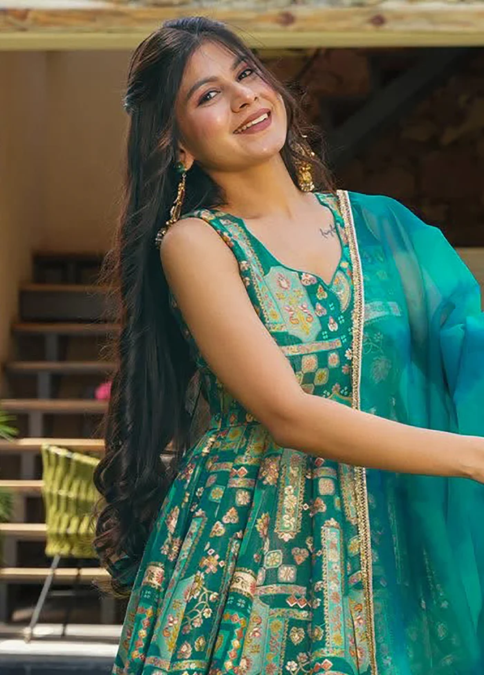 Green Printed Work Silk Gown With Dupatta Set - Image 2