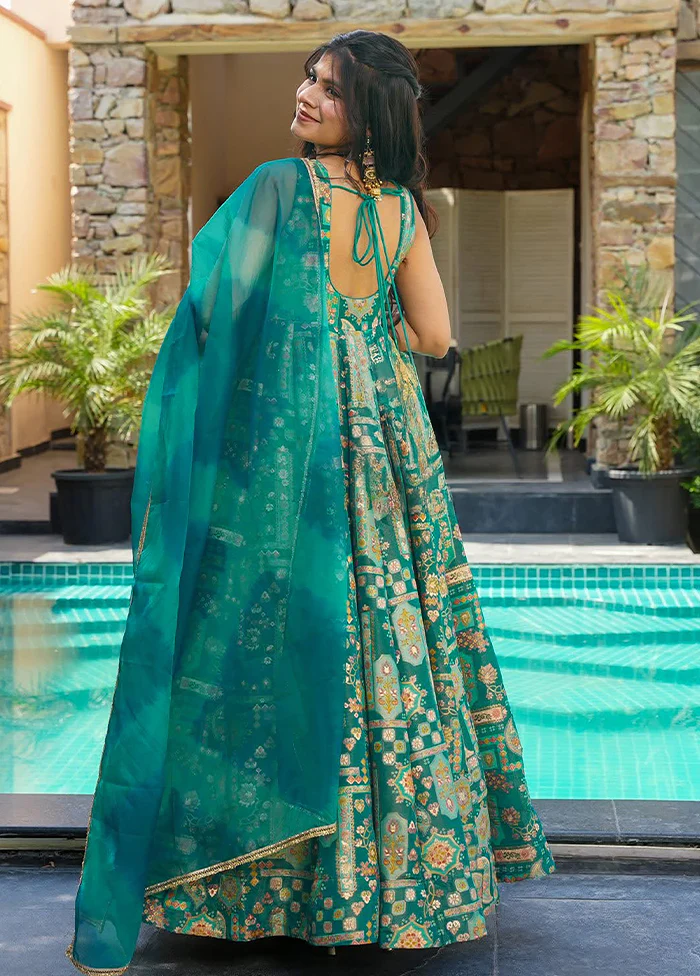 Green Printed Work Silk Gown With Dupatta Set - Image 3