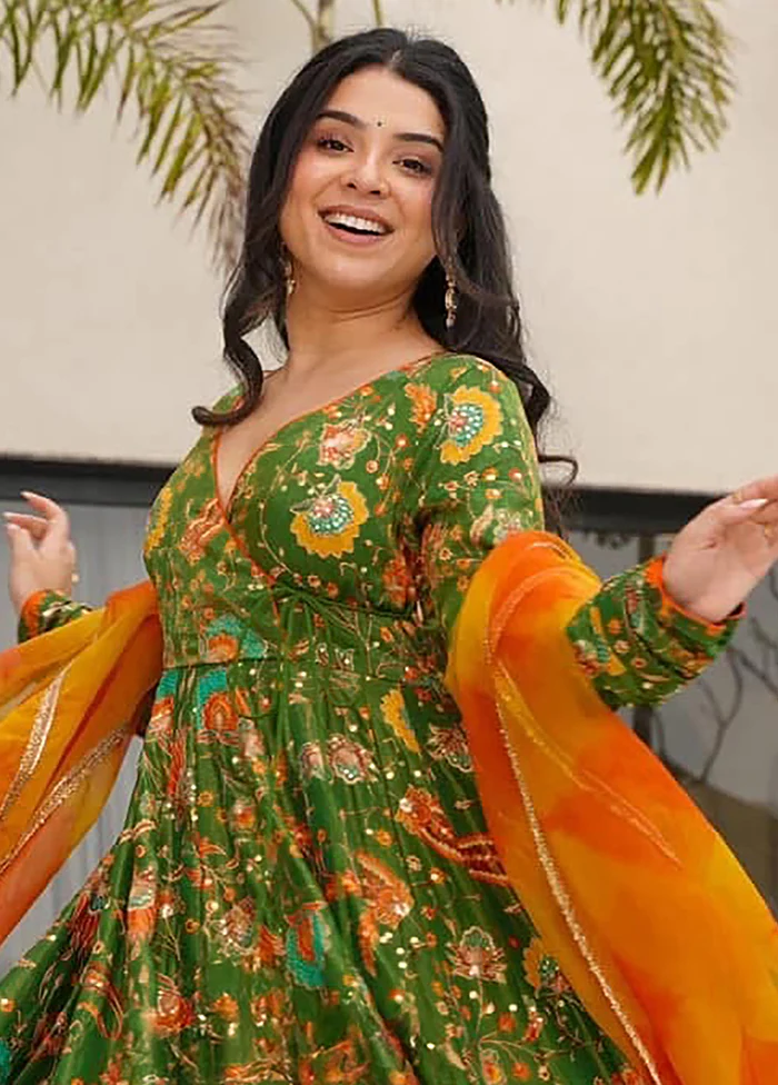Green Printed Work Silk Gown With Dupatta Set - Image 2
