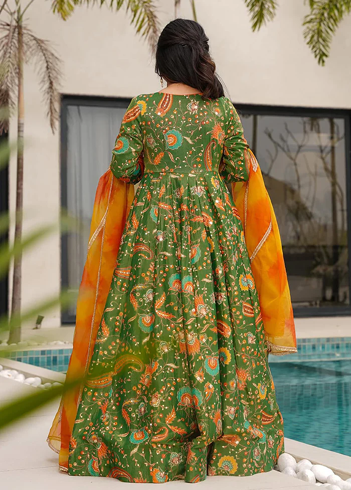 Green Printed Work Silk Gown With Dupatta Set - Image 3