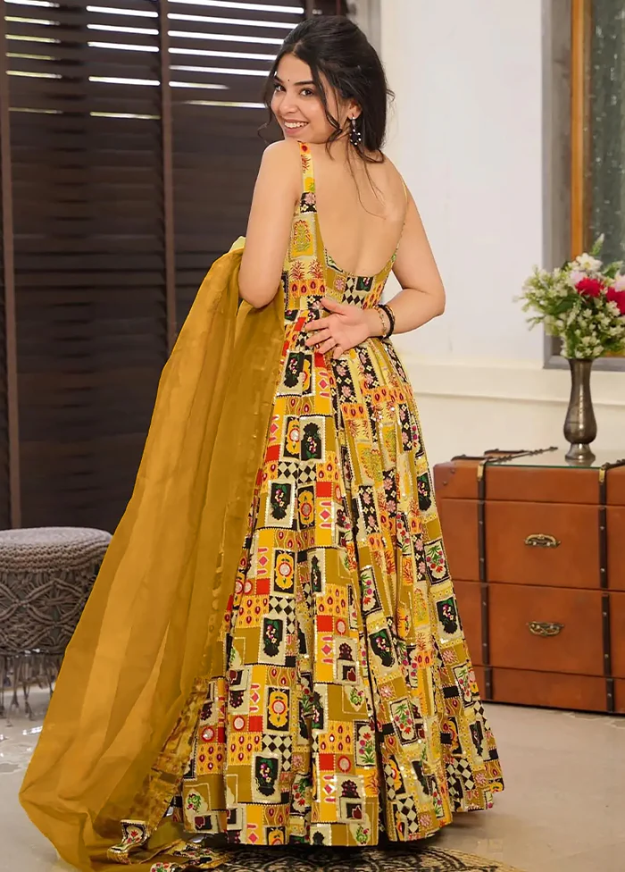 Green Printed Work Silk Gown With Dupatta Set - Image 3