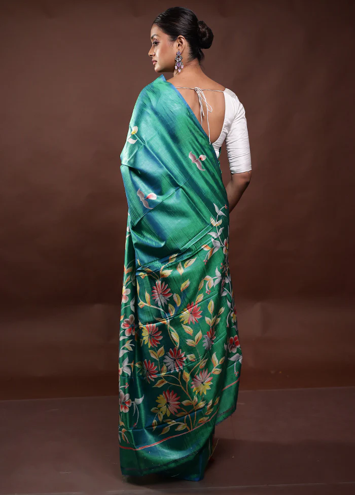 Green Pure Bishnupuri Silk Saree Without Blouse Piece - Image 3