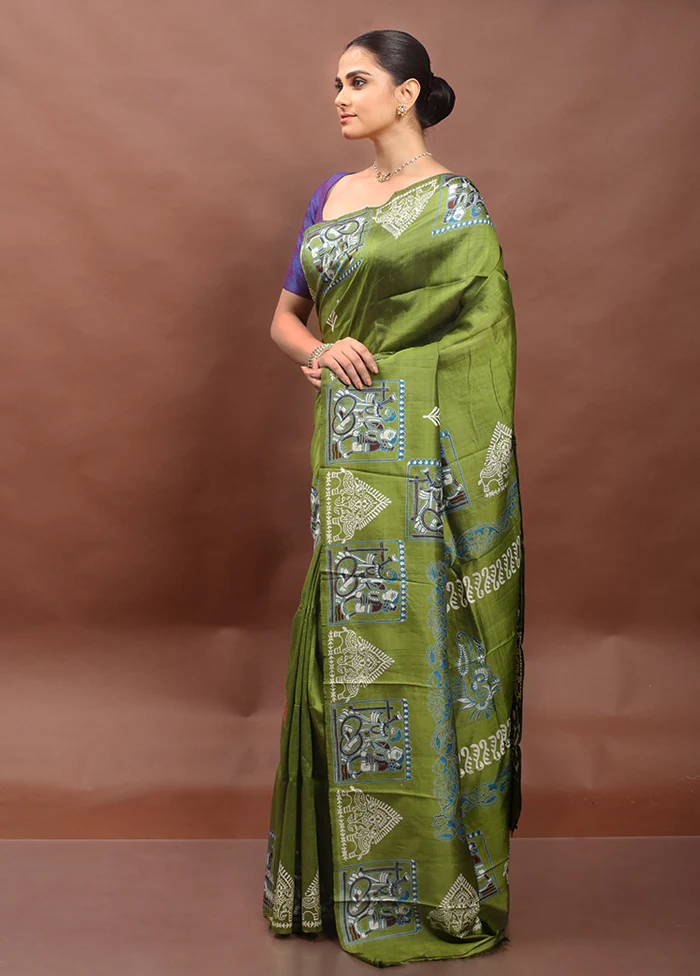 Green Pure Bishnupuri Silk Saree Without Blouse Piece - Image 4