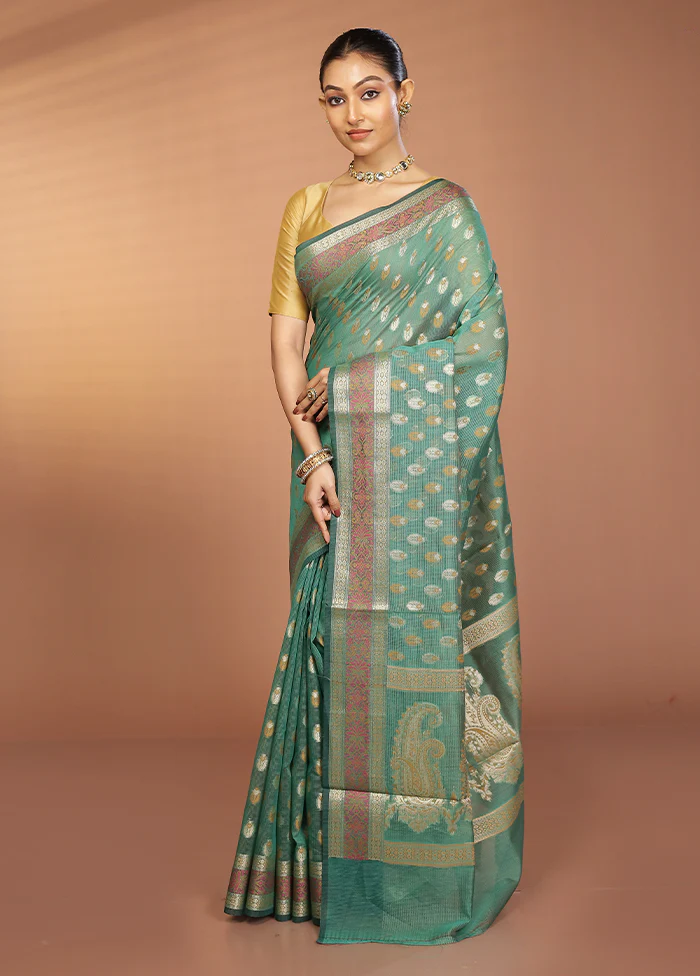 Green Pure Cotton Saree With Blouse Piece - Image 4