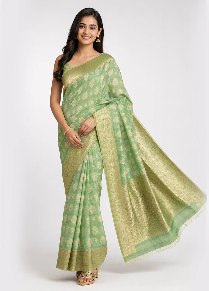 Green Pure Cotton Saree With Blouse Piece
