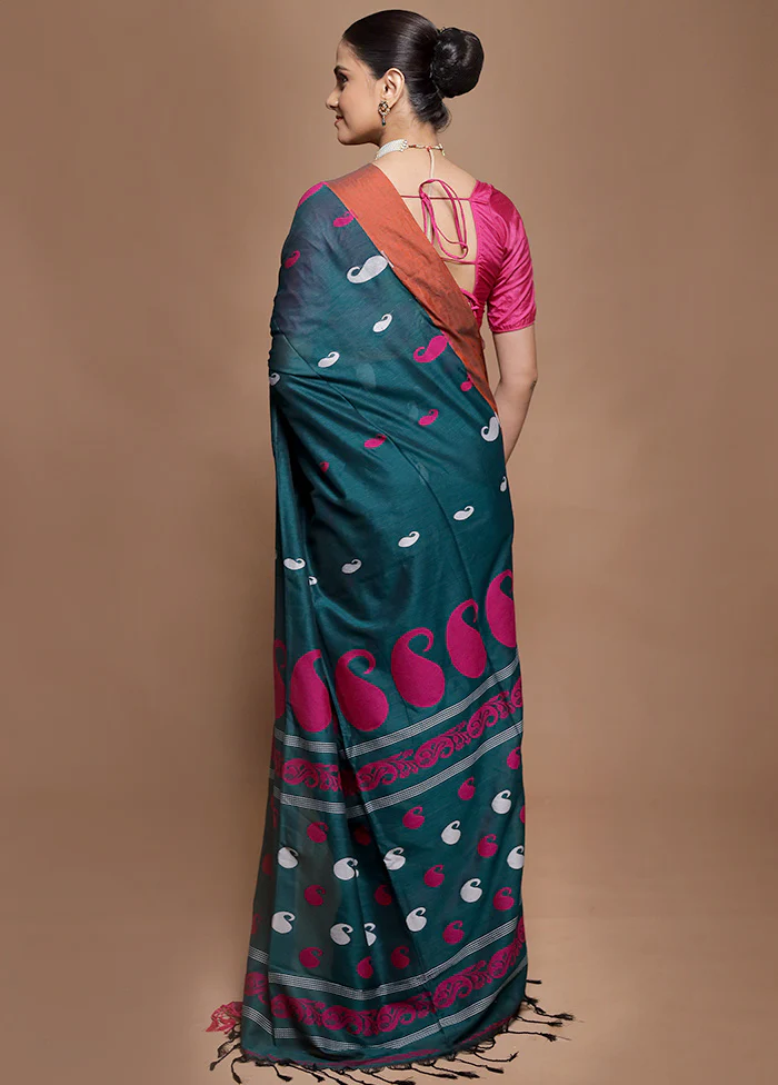 Green Pure Cotton Saree With Blouse Piece - Image 3