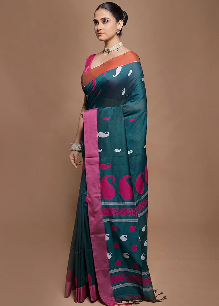 Green Pure Cotton Saree With Blouse Piece - Image 4