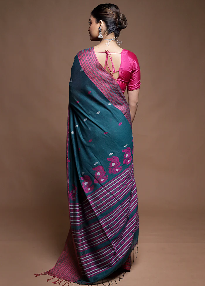 Green Pure Cotton Saree With Blouse Piece - Image 3