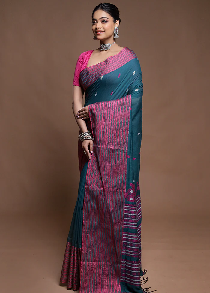 Green Pure Cotton Saree With Blouse Piece - Image 4