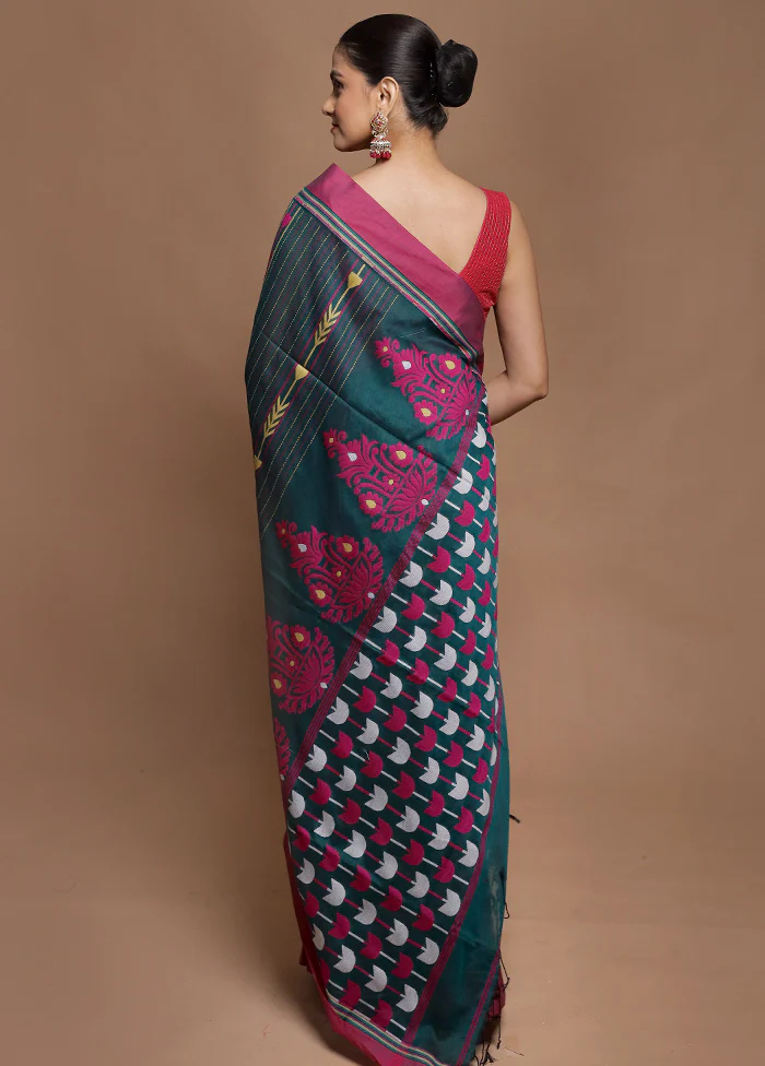 Green Pure Cotton Saree With Blouse Piece - Image 3