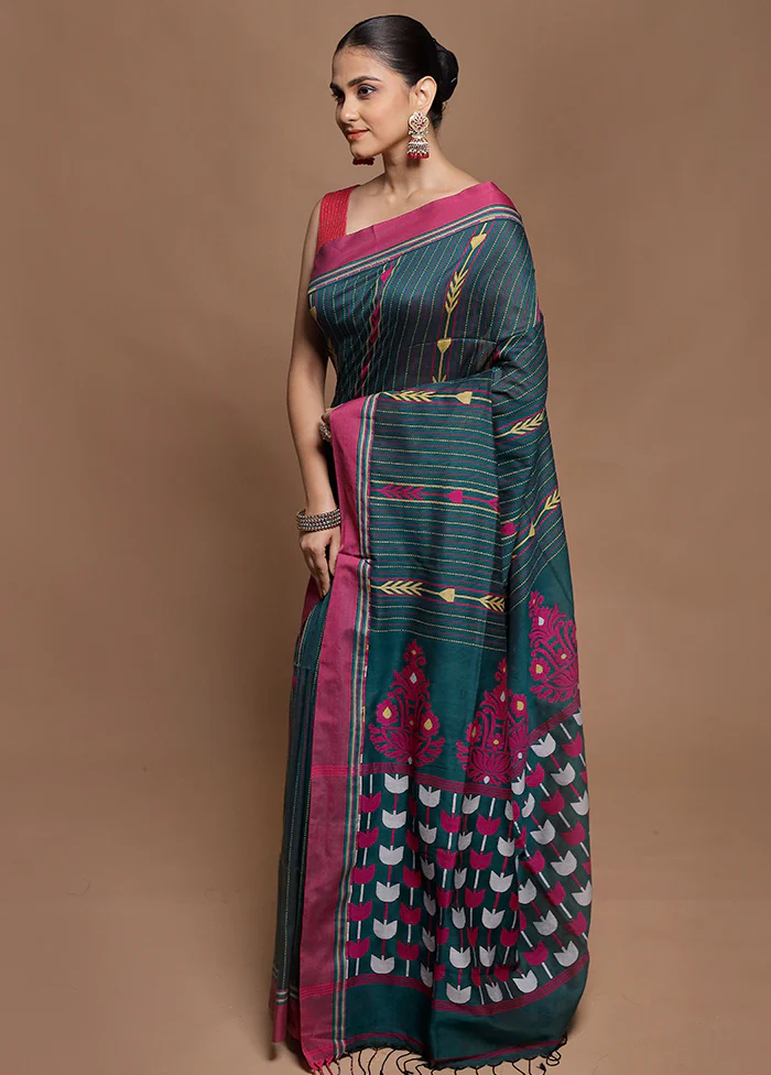 Green Pure Cotton Saree With Blouse Piece - Image 4