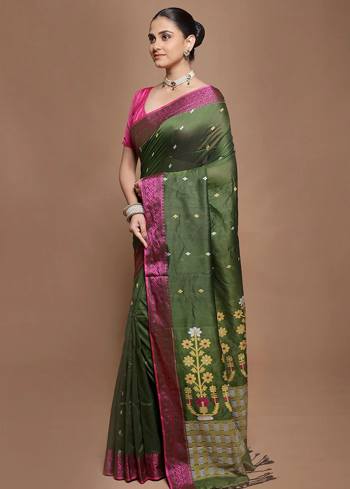 Green Pure Cotton Saree With Blouse Piece - Image 4