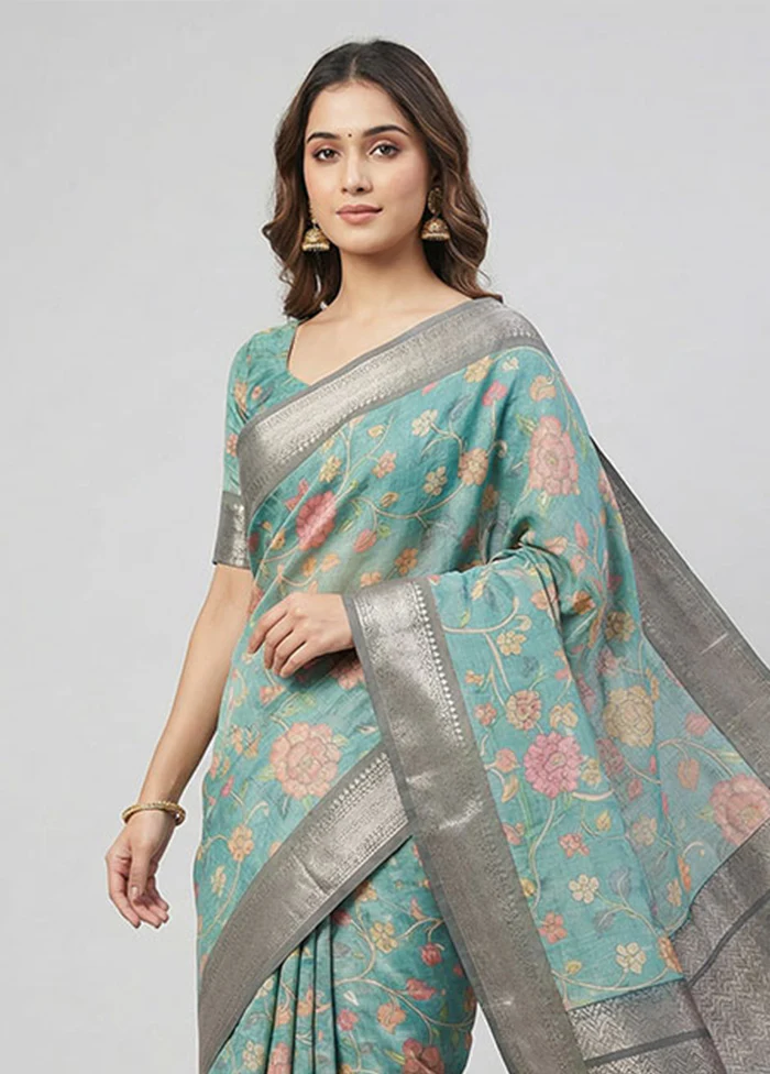 Green Pure Cotton Saree With Blouse Piece - Image 2