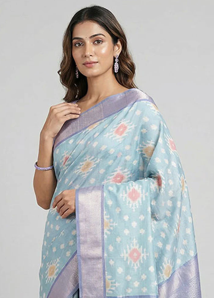 Green Pure Cotton Saree With Blouse Piece - Image 2