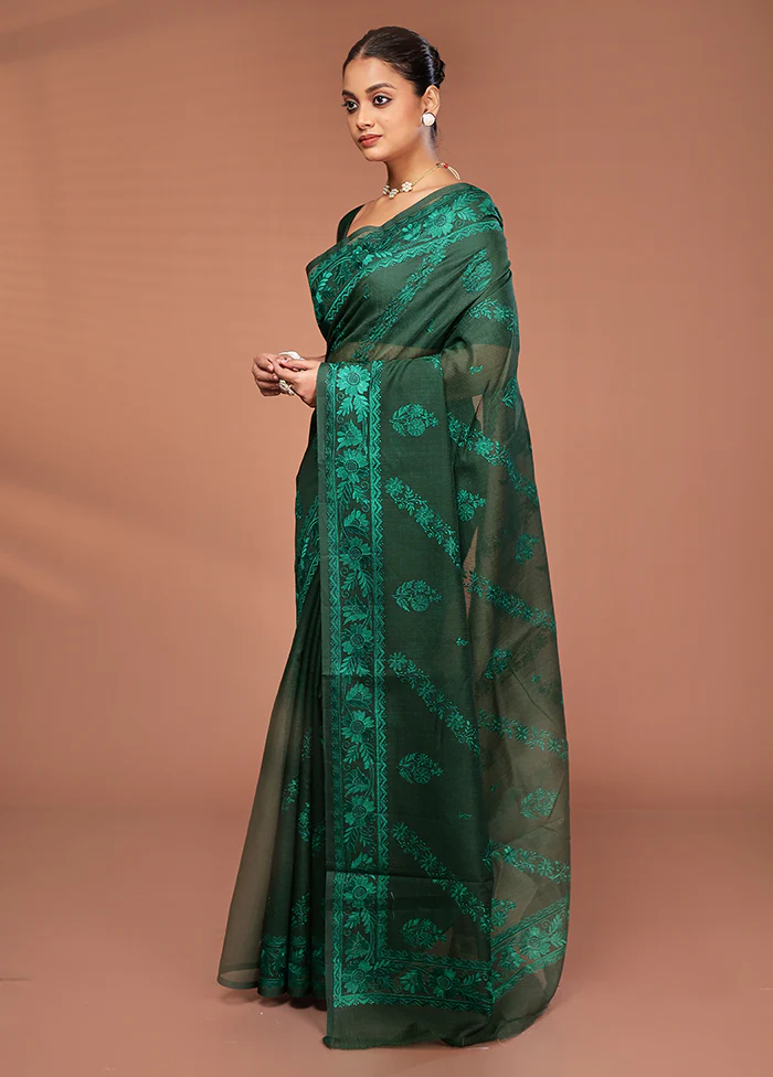 Green Pure Cotton Saree With Blouse Piece - Image 4