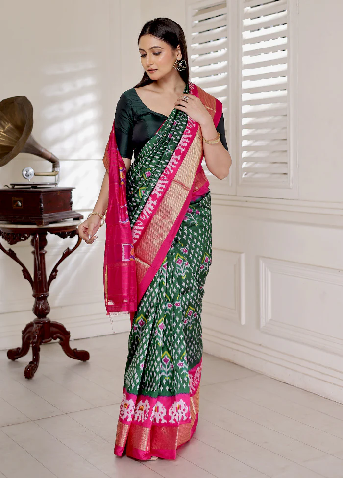 Green Pure Silk Rajkot Patola Saree With Blouse Piece - Image 5