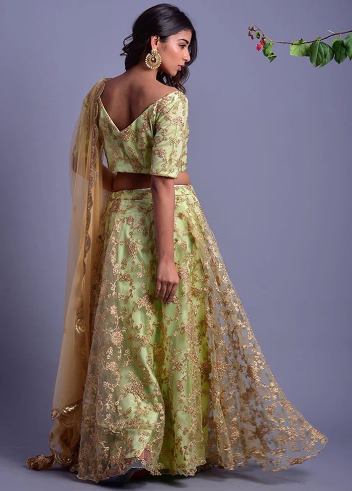 Green Readymade Net Lehenga Set With Dupatta - Image 3
