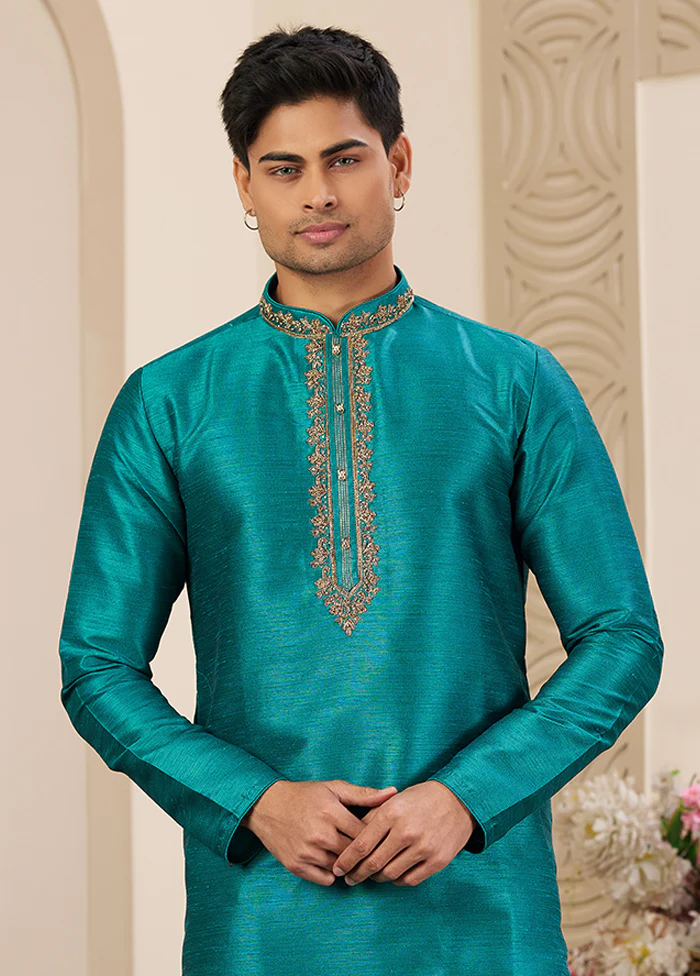 Green Silk Kurta & Pajama Set - Image 2