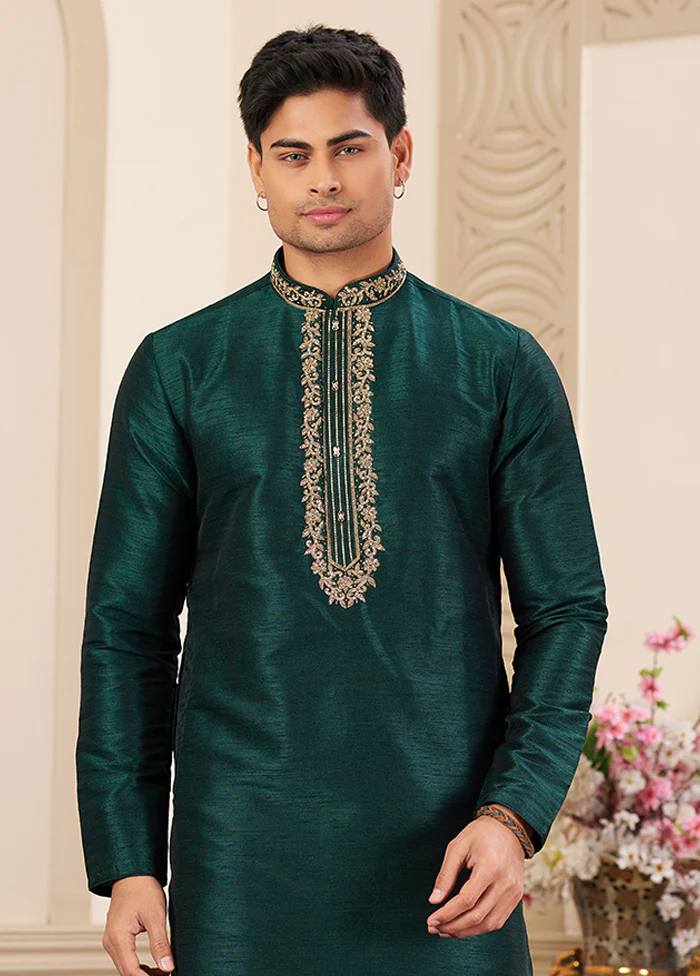 Green Silk Kurta & Pajama Set - Image 2