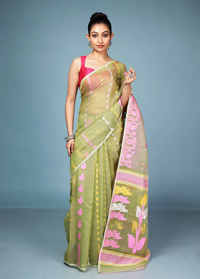 Green Tant Cotton Saree Without Blouse Piece - Image 2
