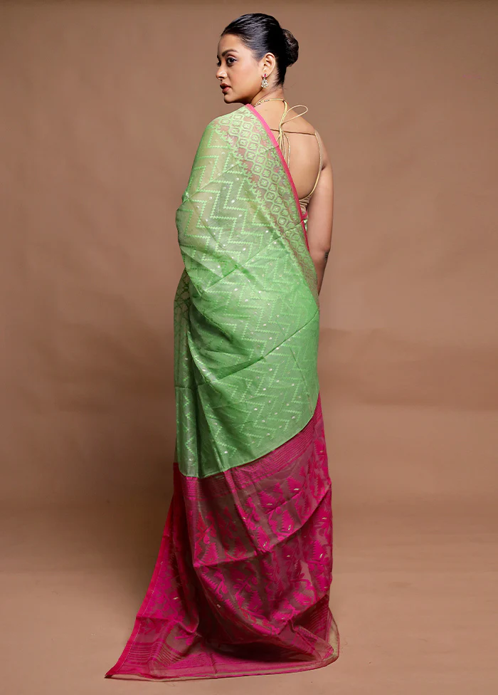Green Tant Jamdani Saree Without Blouse Piece - Image 3