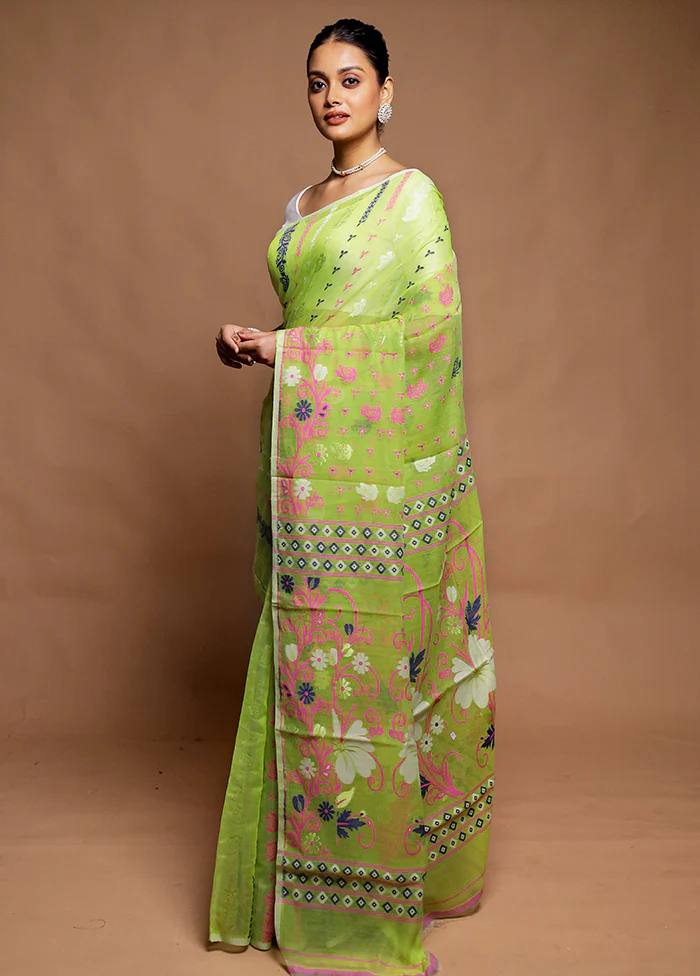 Green Tant Jamdani Saree Without Blouse Piece - Image 4