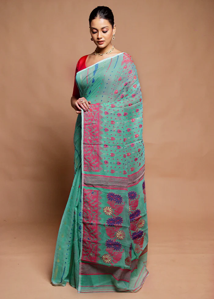 Green Tant Jamdani Saree Without Blouse Piece - Image 4
