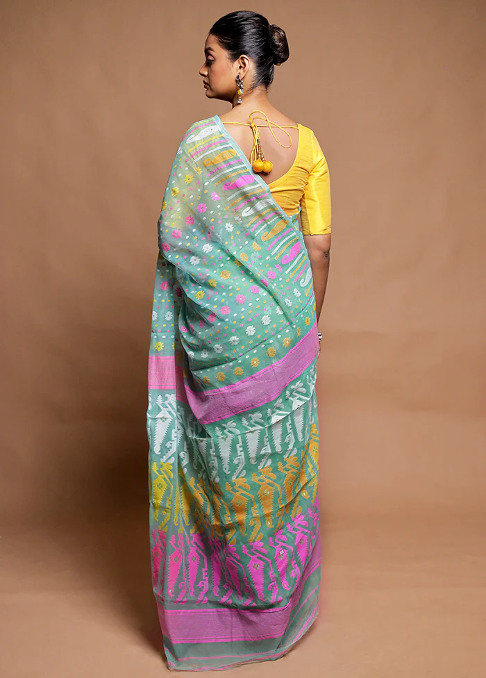 Green Tant Jamdani Saree Without Blouse Piece - Image 3