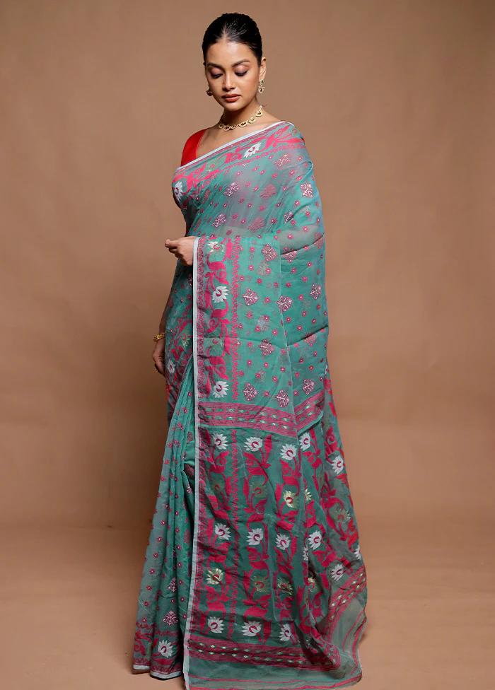 Green Tant Jamdani Saree Without Blouse Piece - Image 4