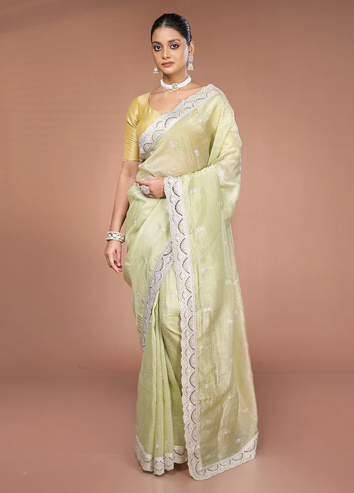 Green Tissue Silk Saree With Blouse Piece - Image 2