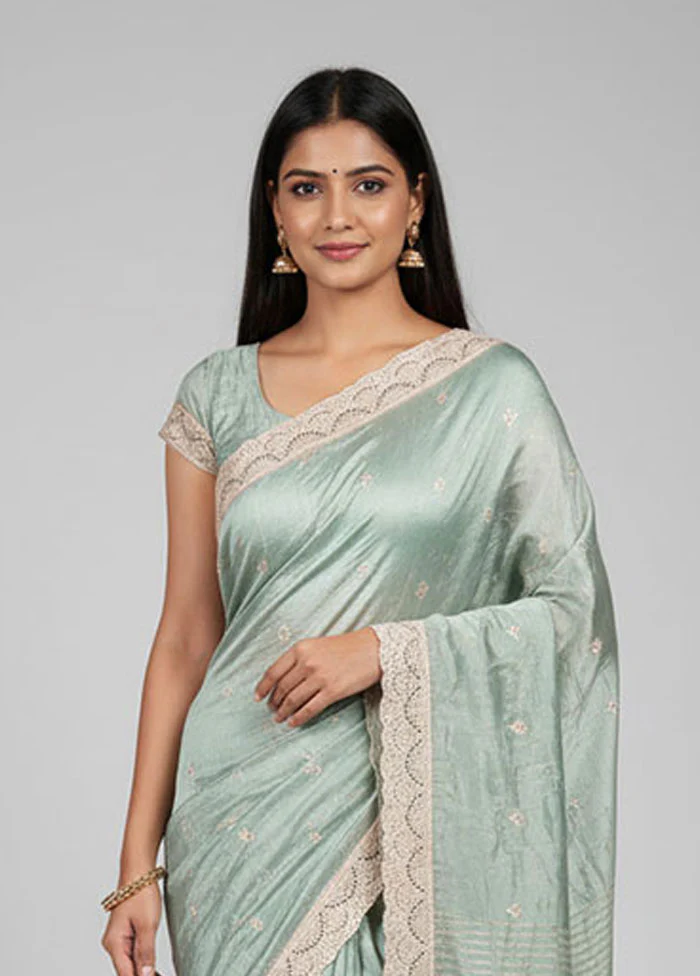 Green Tissue Silk Saree With Blouse Piece - Image 2