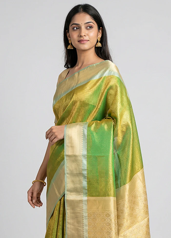 Green Tissue Silk Saree With Blouse Piece - Image 2
