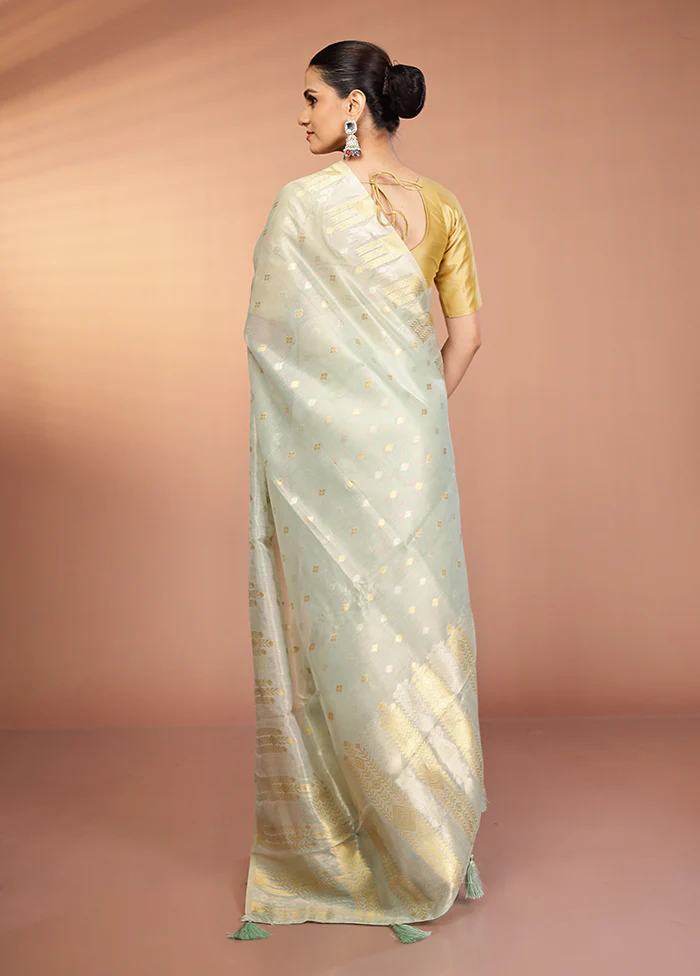 Green Tissue Silk Saree With Blouse Piece - Image 3