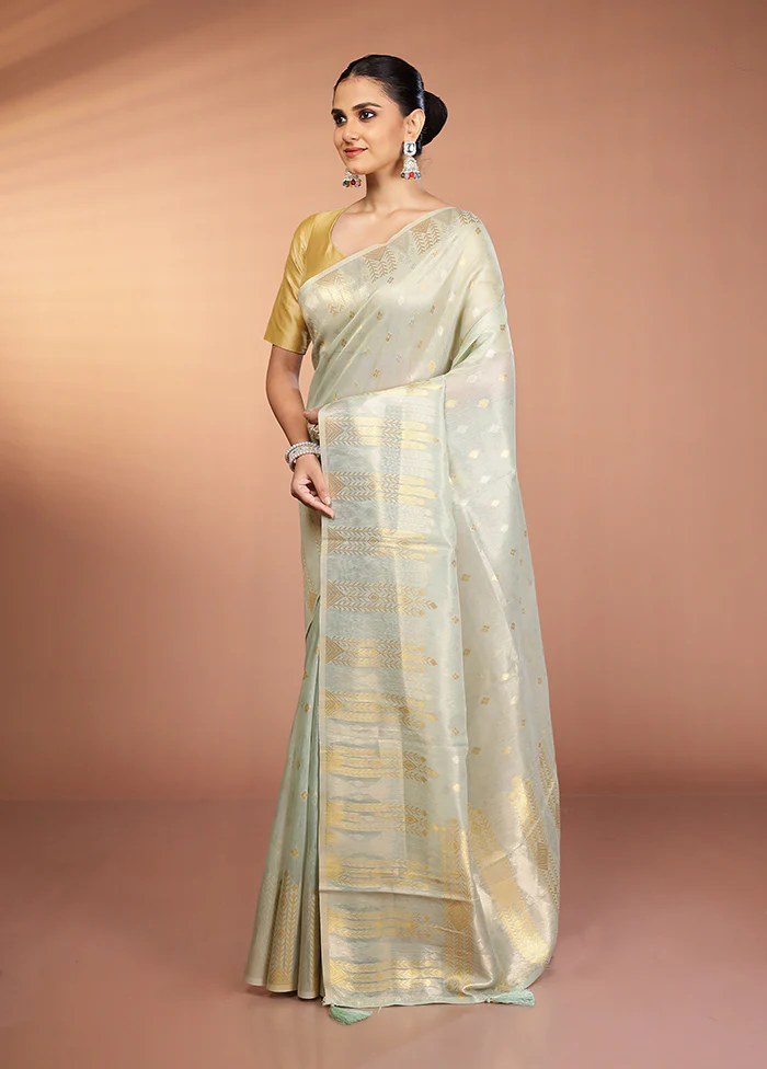 Green Tissue Silk Saree With Blouse Piece - Image 4