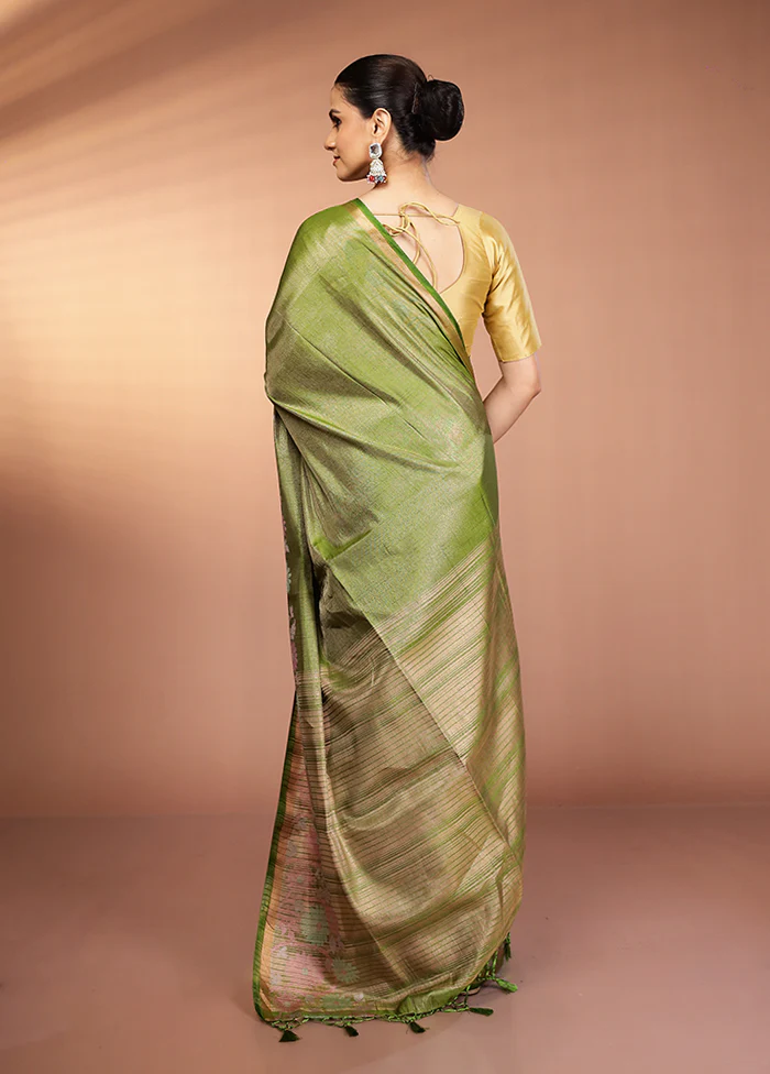 Green Tissue Silk Saree With Blouse Piece - Image 3